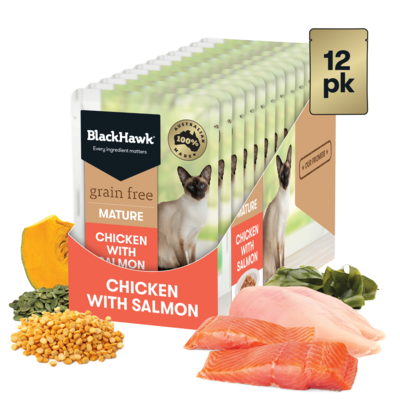 Black Hawk 12 x 85g Chicken with Salmon in Jelly Mature (7+) Grain Free Wet Cat Food