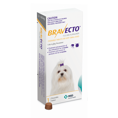 Bravecto Very Small Dogs Yellow 2-4.5kg 112.5mg 3 Months Flea Protection